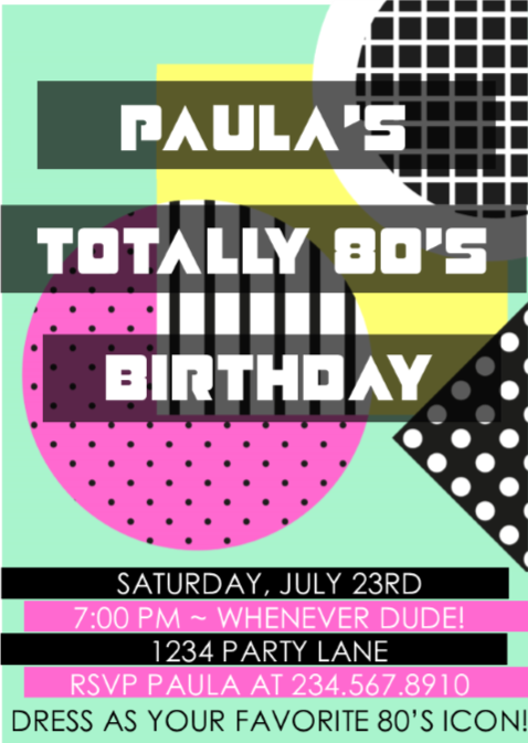 Totally 80's Party Invitation  Style5 - EDITABLE