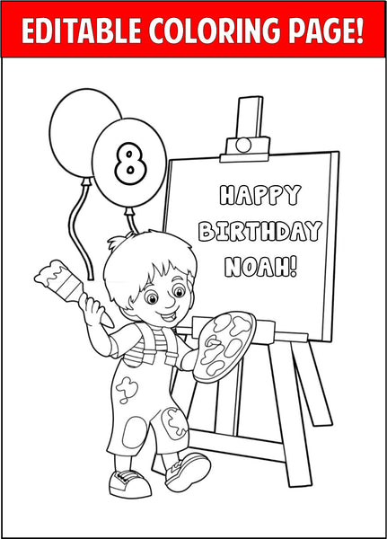 Art Party Personalized Coloring Page  - EDITABLE