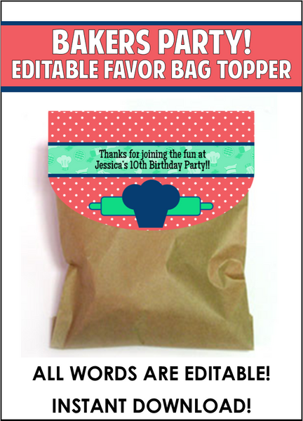 Baker's Party Favor Bag Toppers - EDITABLE