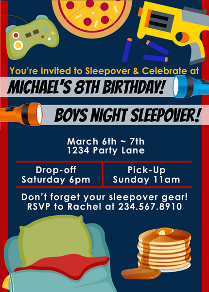 Boys Night Sleepover Party Invitation 2 - Editable