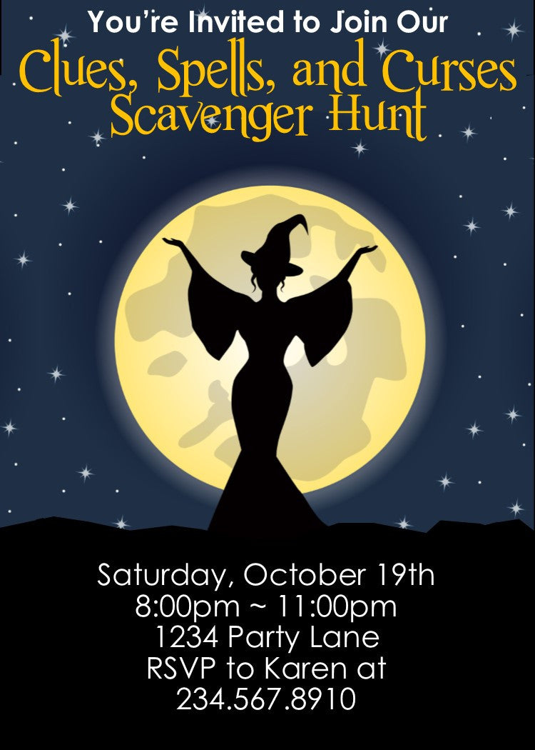 Clues, Spells, and Curses Scavenger Hunt + Editable Party Invitation