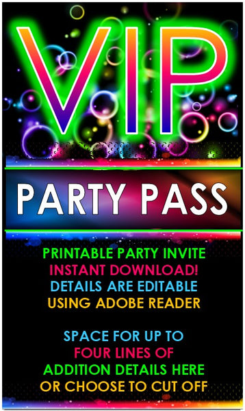 VIP Glow Party Invitation - EDITABLE