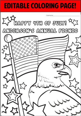 4th of July Personalized Coloring Page  - EDITABLE