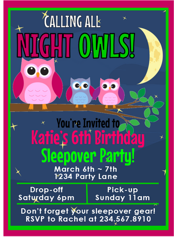 Night Owls Sleepover Invitation - 1 - Editable!