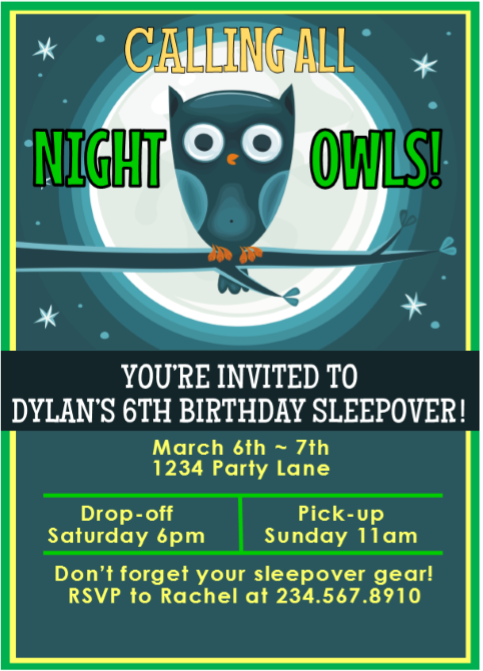 Night Owls Sleepover Invitation - 2 - Editable!