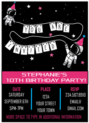 Pink Astronaut Outer Space Party Invitation - EDITABLE